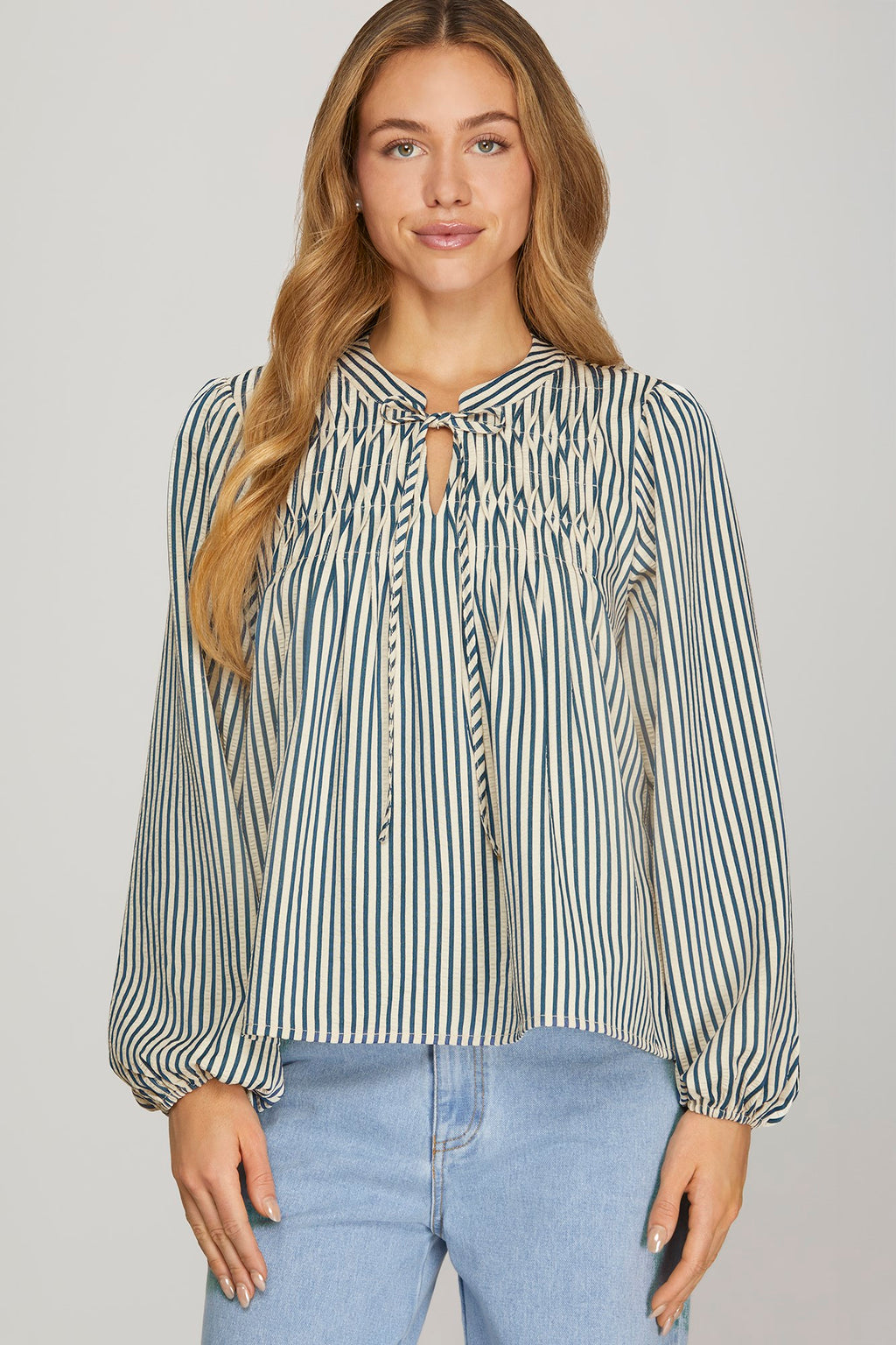 She+Sky Pintuck Striped Teal Top