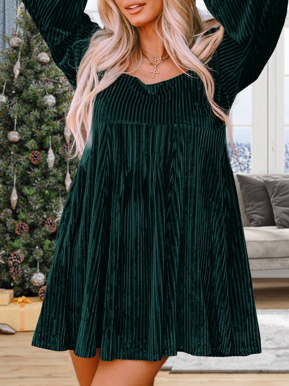 Emerald Tie Back Velvet Babydoll Dress