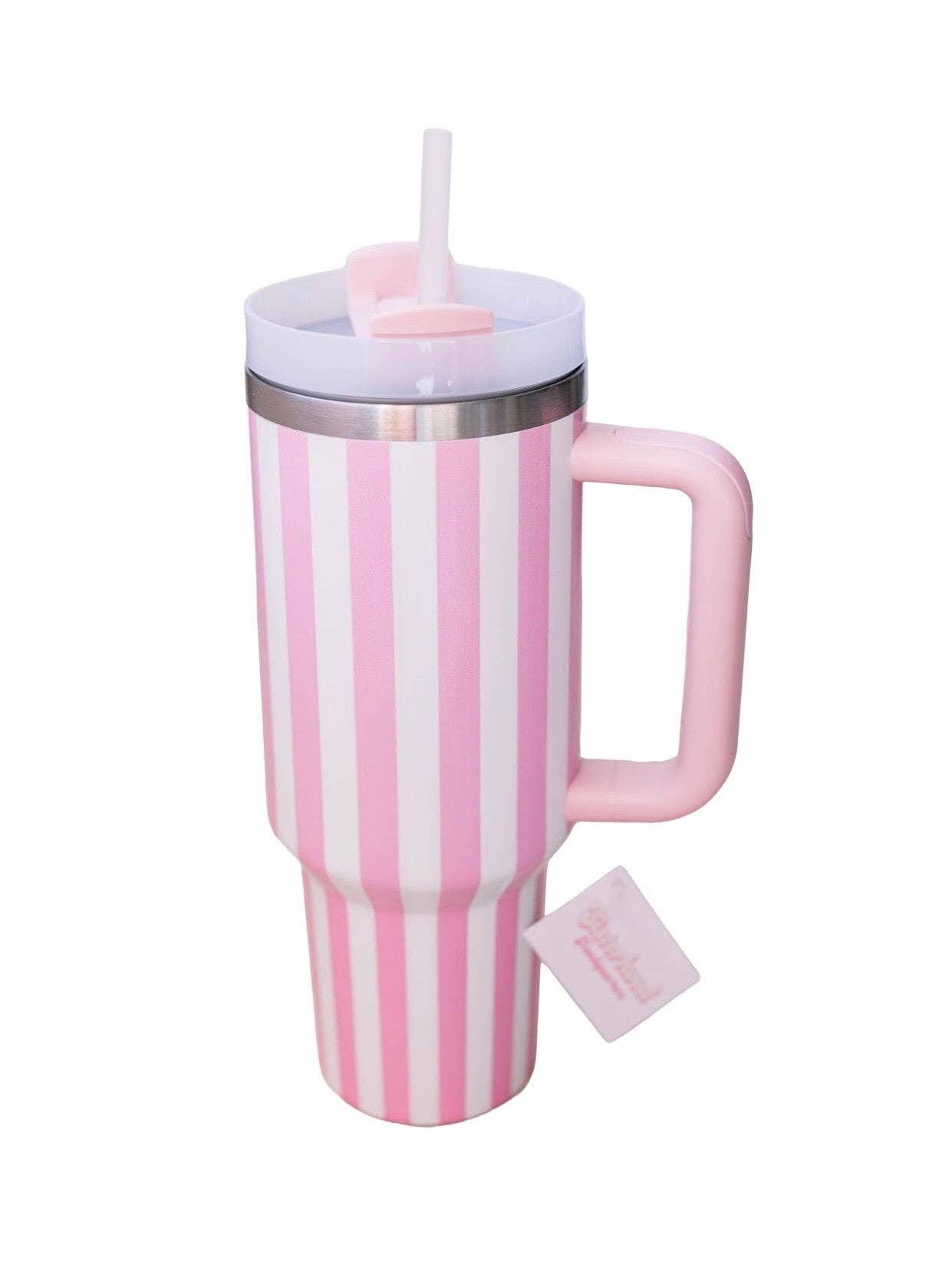 Pink Striped Tumbler with Handle