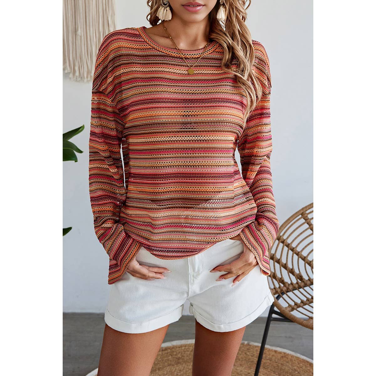 Round Neck Striped Long Sleeve Shirt - FINAL SALE 50% OFF