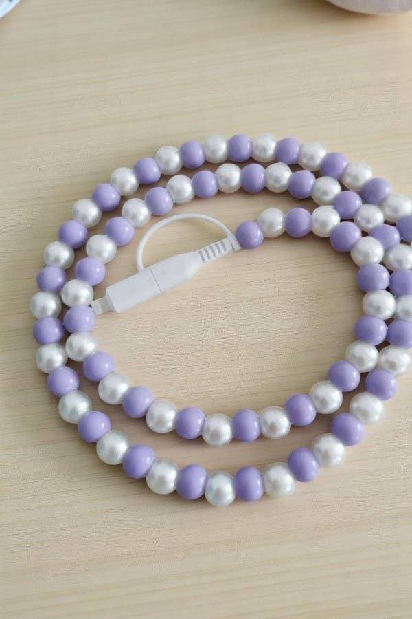 Purple and White Beaded Cord Phone Charger