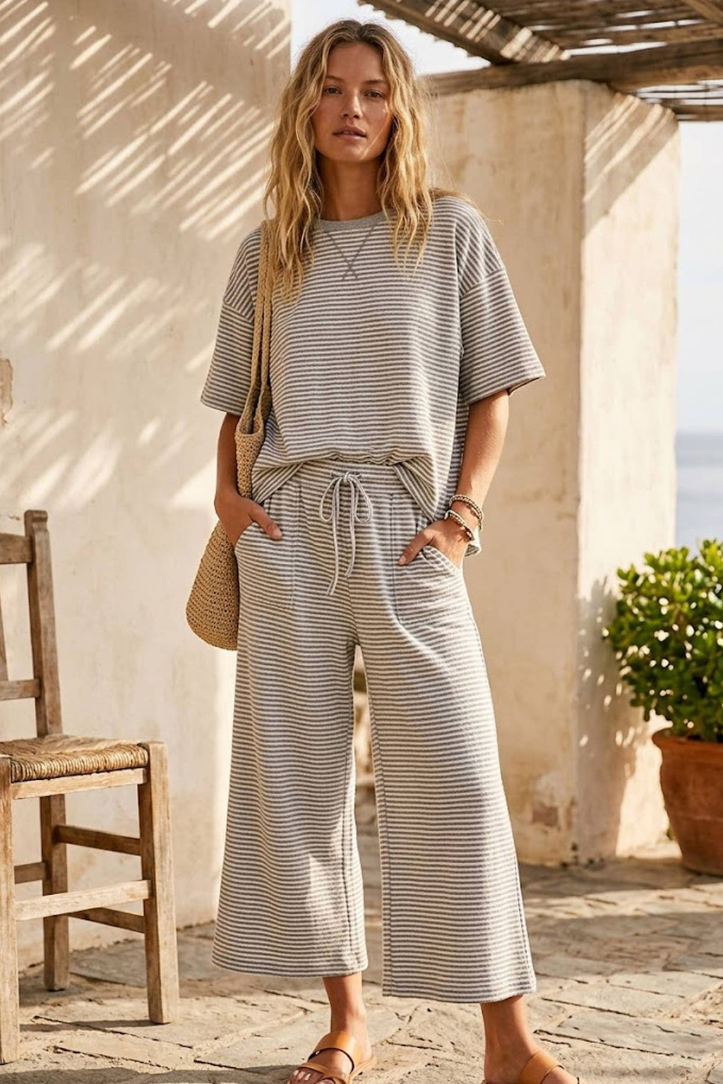 Heather Grey Striped Knit Top and Pant Set