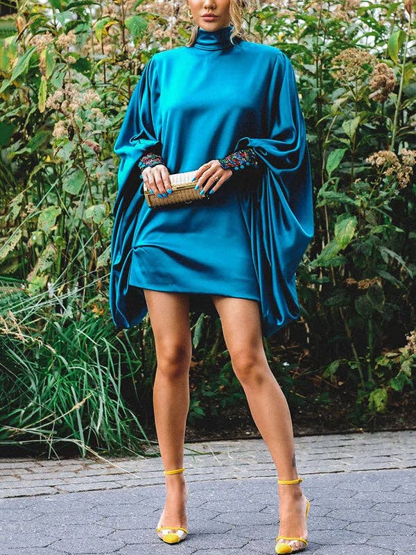 Batwing Sleeved Mini Dresses  (Peacock)