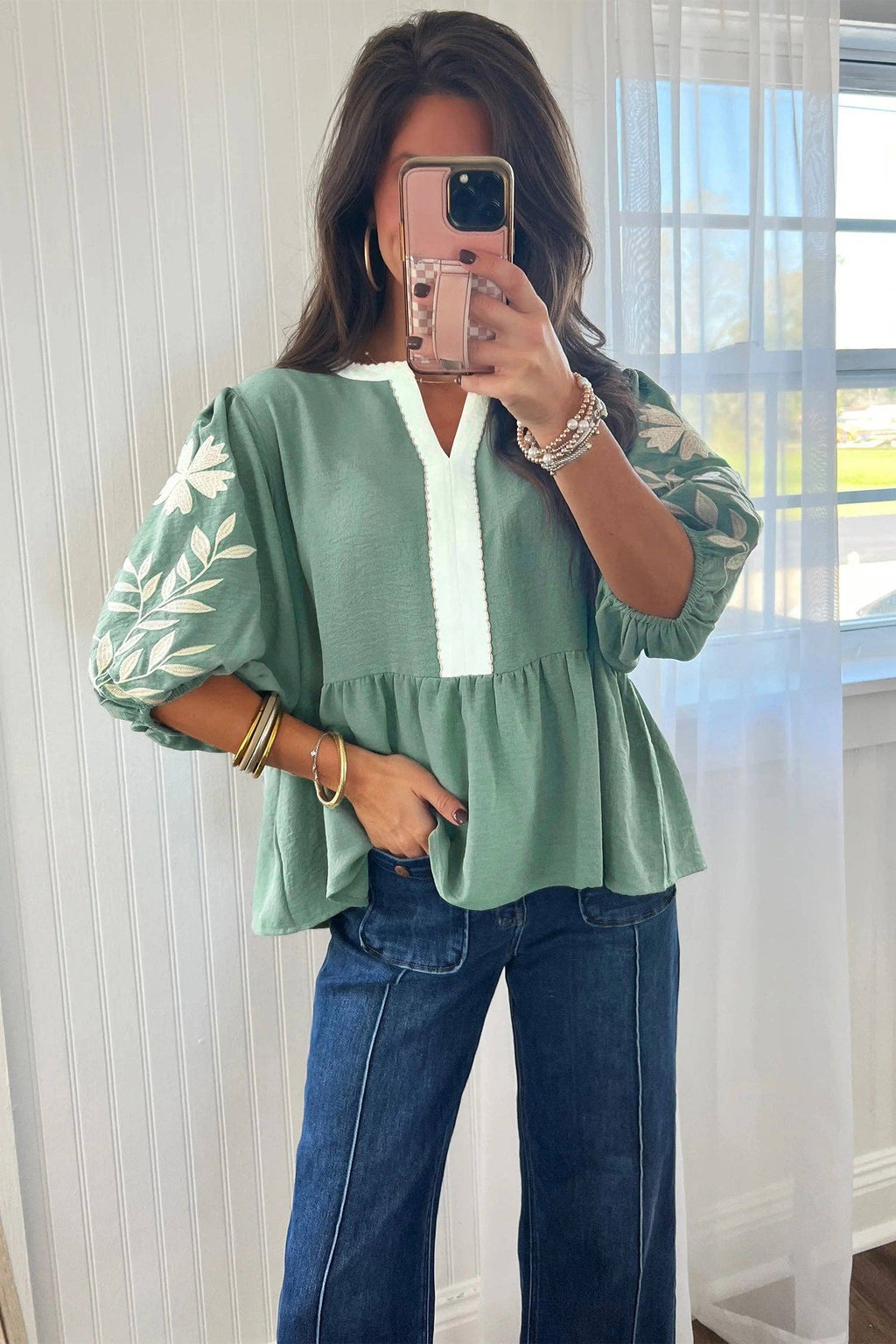 Smoke Green Embroidered Babydoll Blouse
