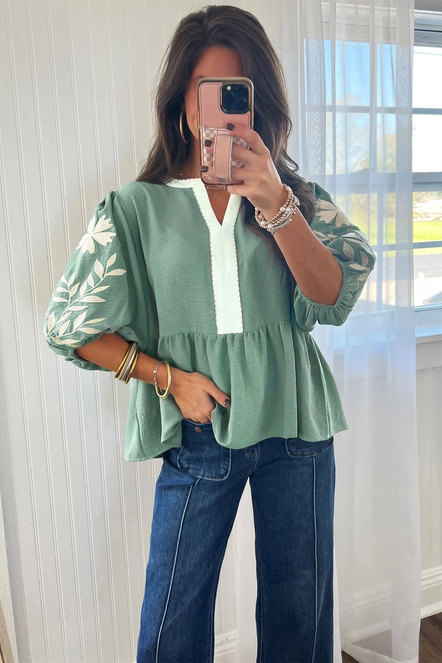 Smoke Green Embroidered Babydoll Blouse