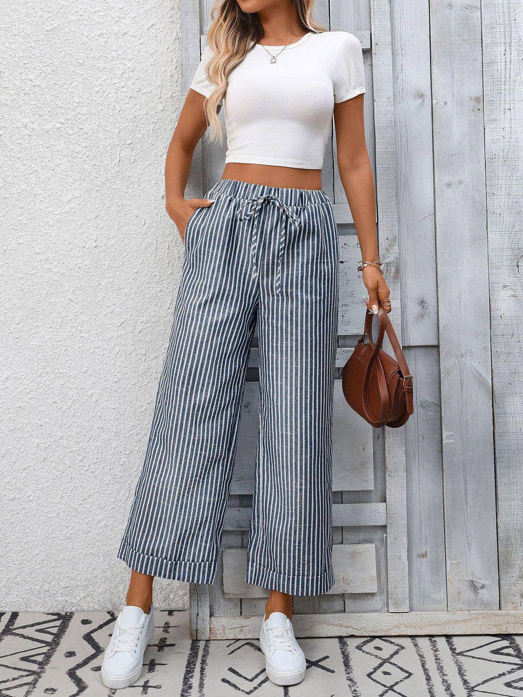 Striped Drawstring Wide Leg Lounge Pants