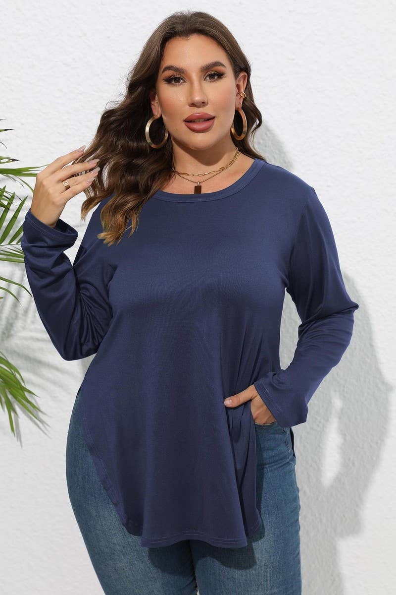 WOMEN PLUS SIZE SIDE SLIT LONG SLEEVE T SHIRT- FINAL SALE 50% OFF