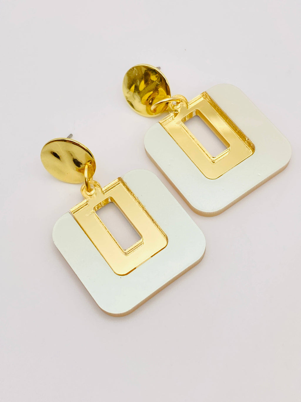 Square Iridescent Light Green/God Earrings