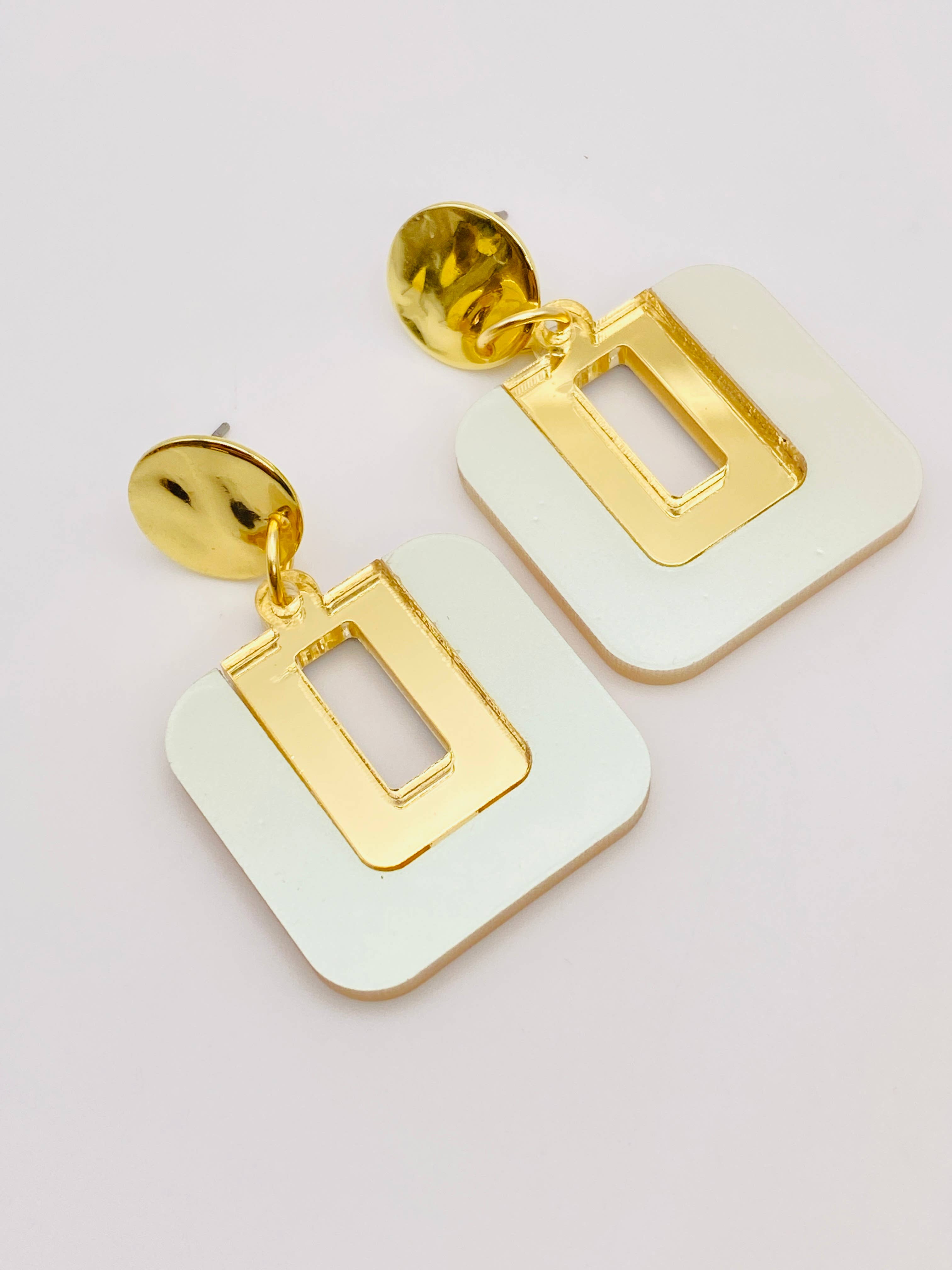 Square Iridescent Light Green/God Earrings