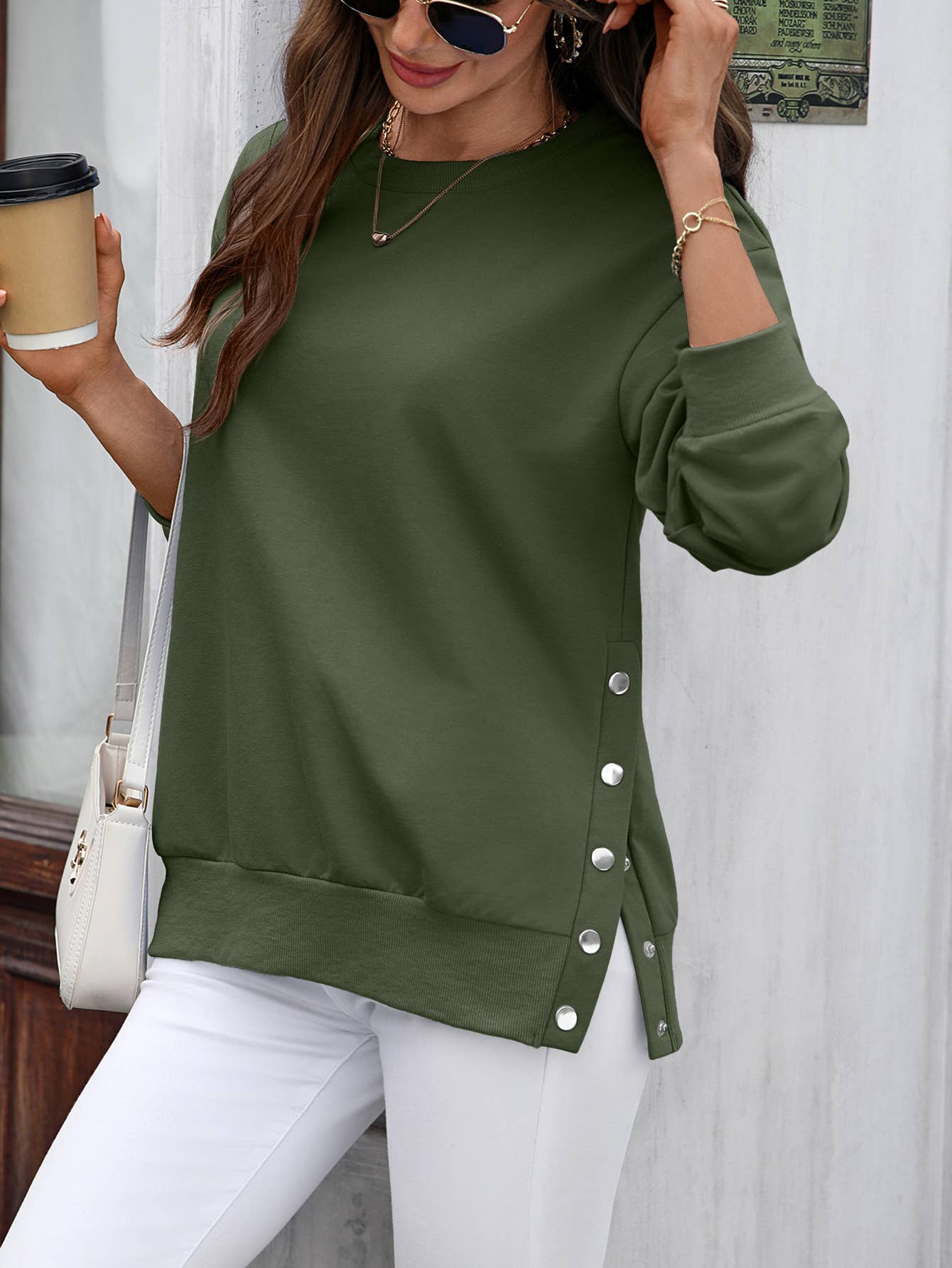 Side Button Crew Neck Sweatshirt