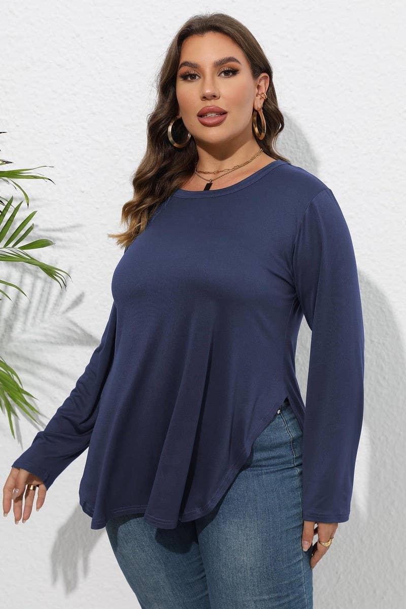 WOMEN PLUS SIZE SIDE SLIT LONG SLEEVE T SHIRT- FINAL SALE 50% OFF