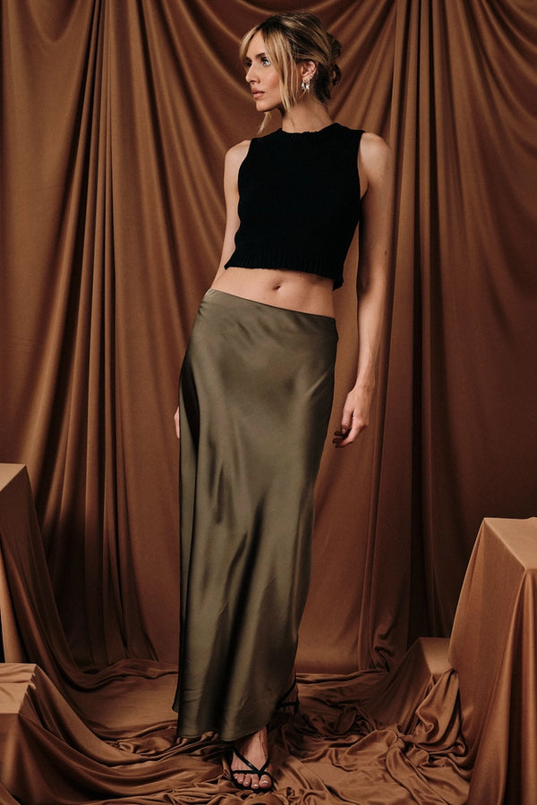Blair Satin Midi Skirt with Elastic Waist - Olive Green