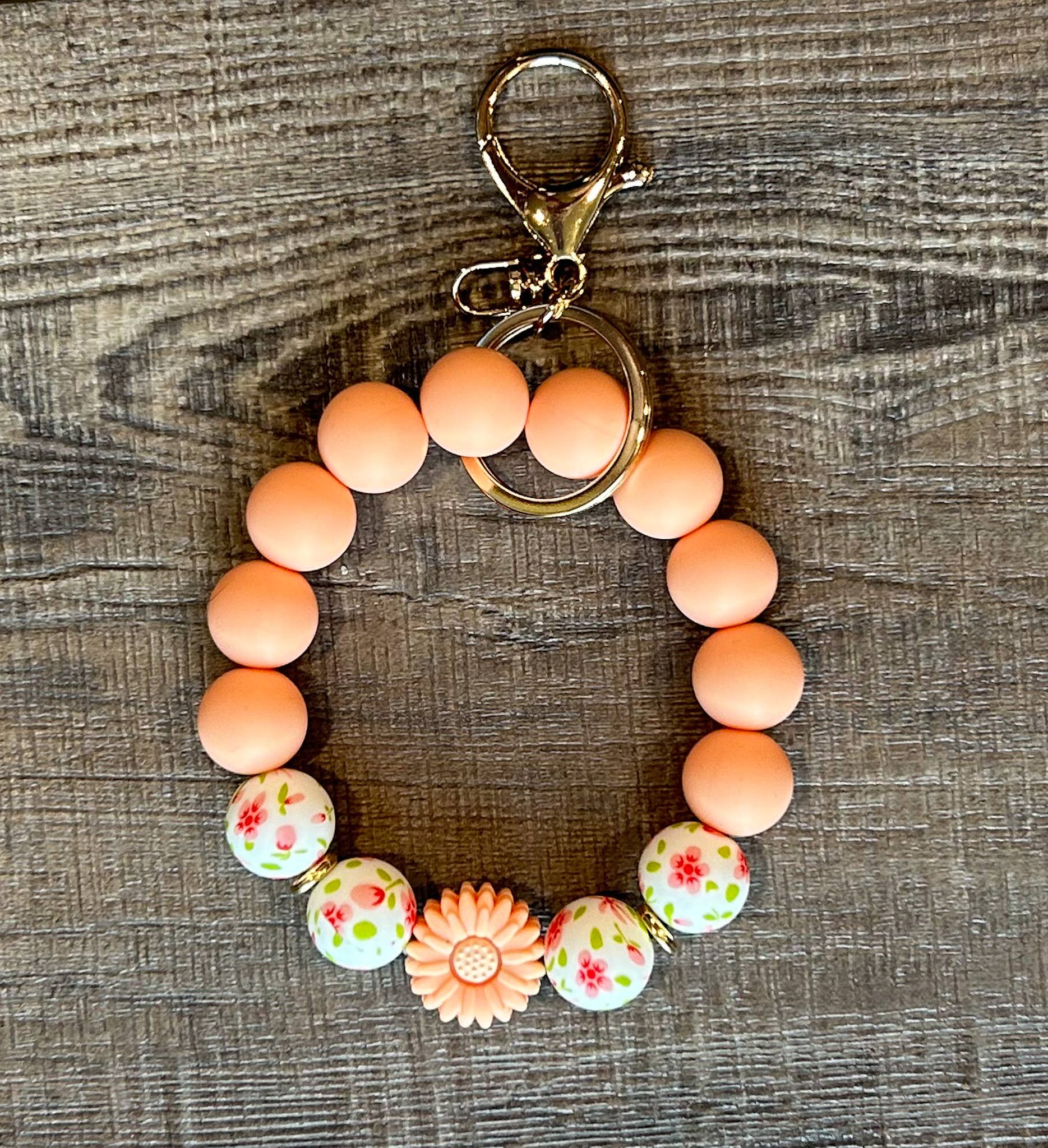 Floral Flower Silicone Bead Wristlet Keychain