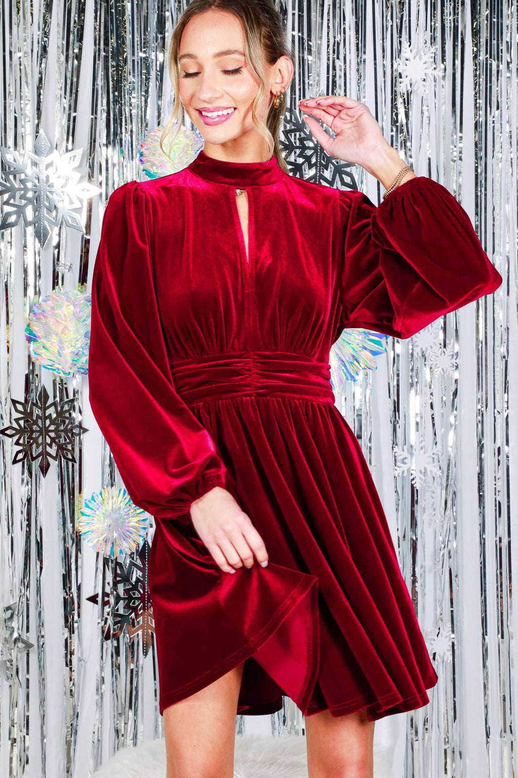 Mock Neck Shirring Waist Velvet Mini Dress