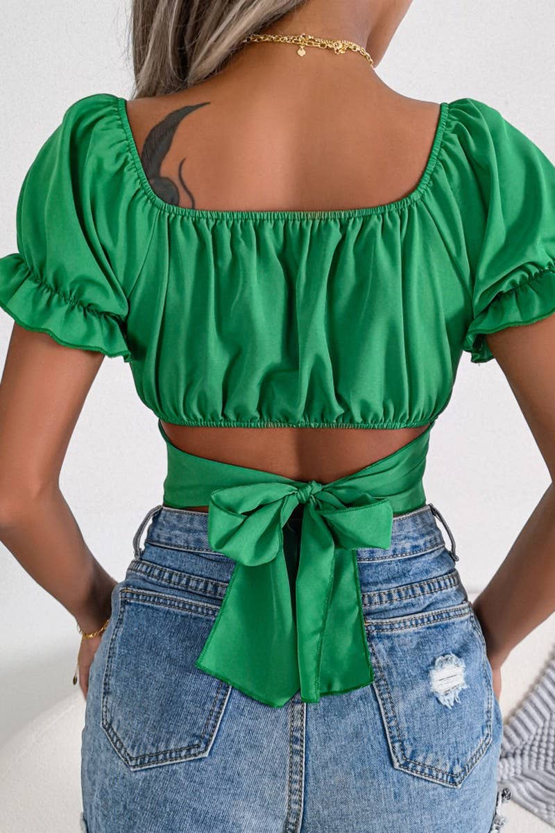 CASUAL SHORT SLEEVE LACE UP CHIFFON CROP TOP