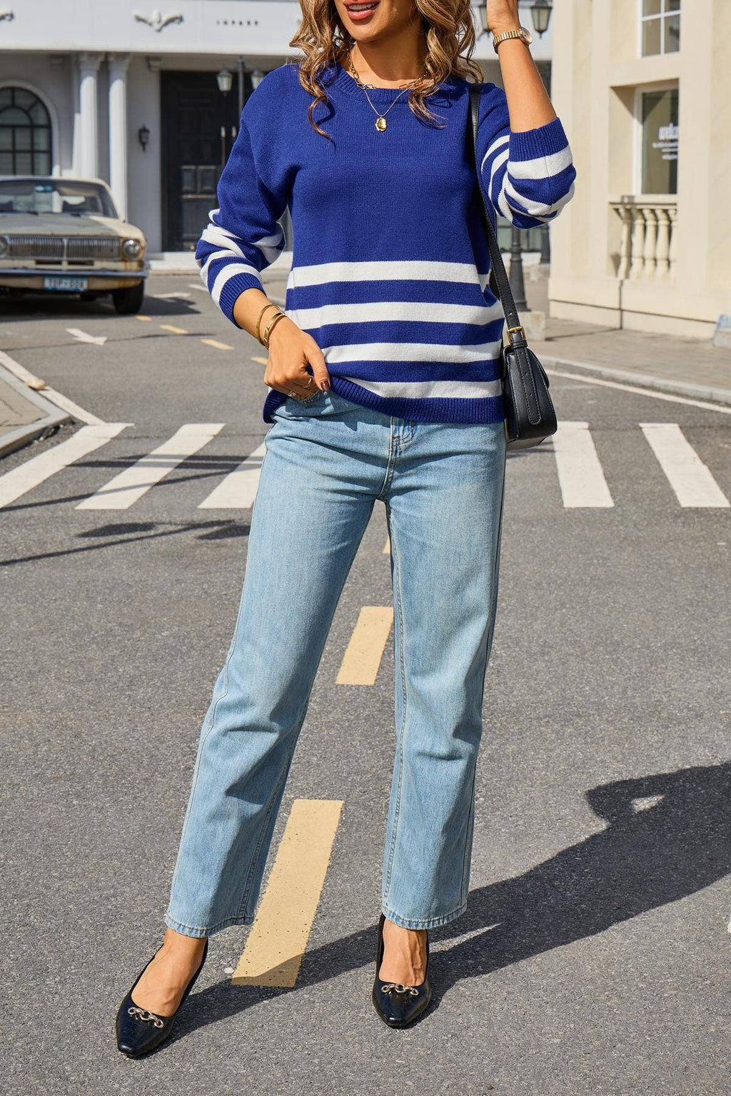 Colorblock Stripe Crewneck Pullover Sweater