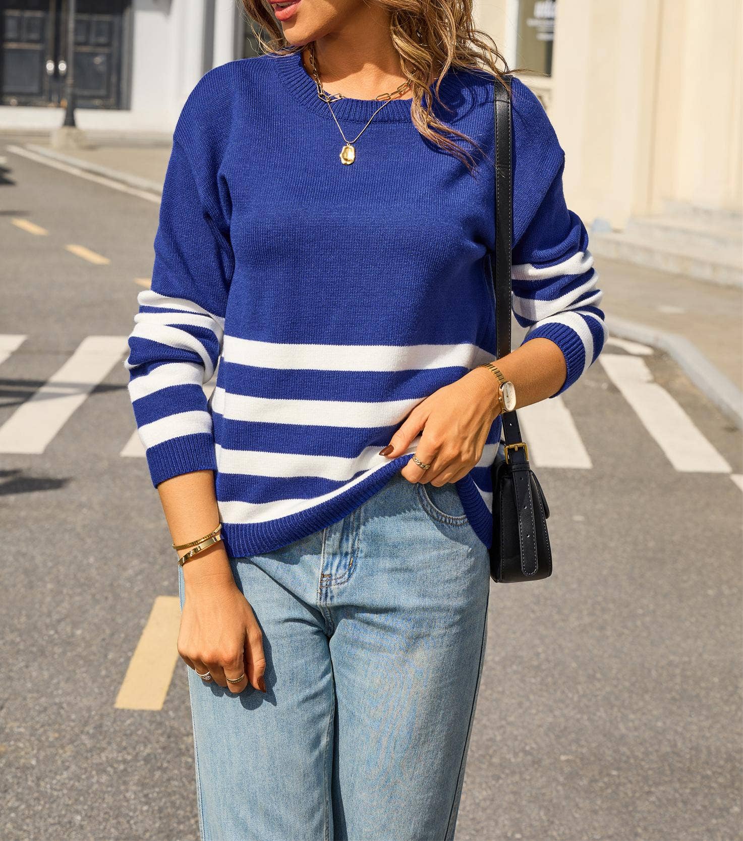 Colorblock Stripe Crewneck Pullover Sweater