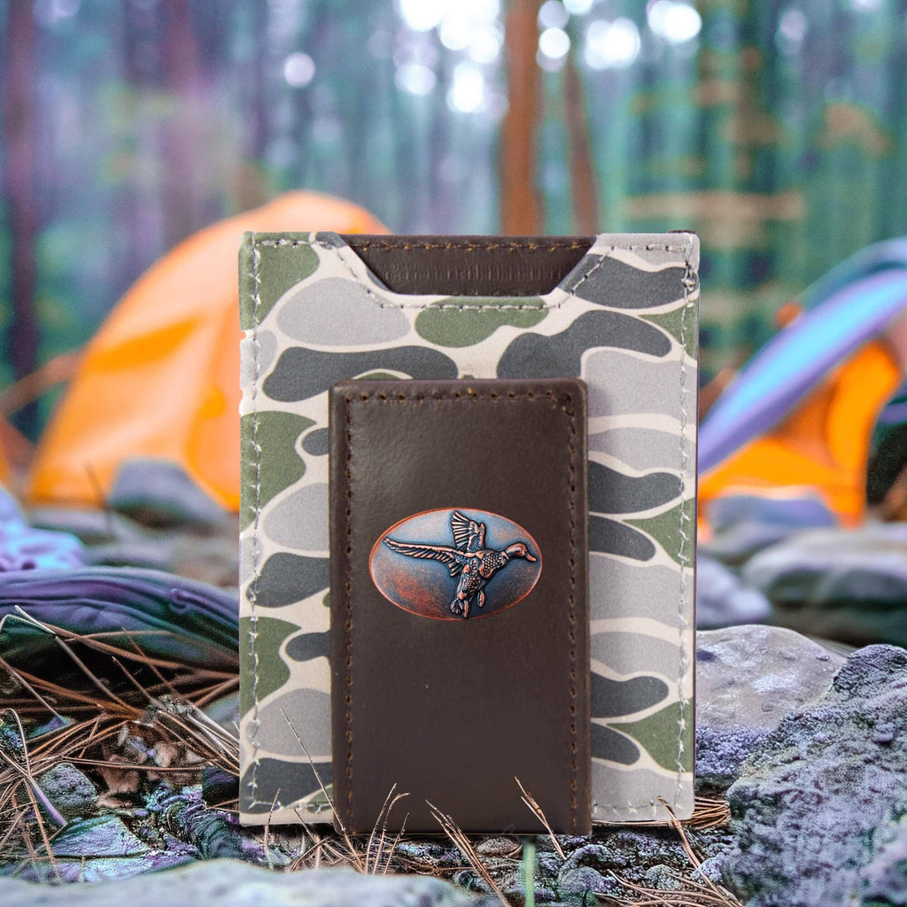 Mallard Men's Magnetic Front Pocket Old School Camo Leather Wallet.