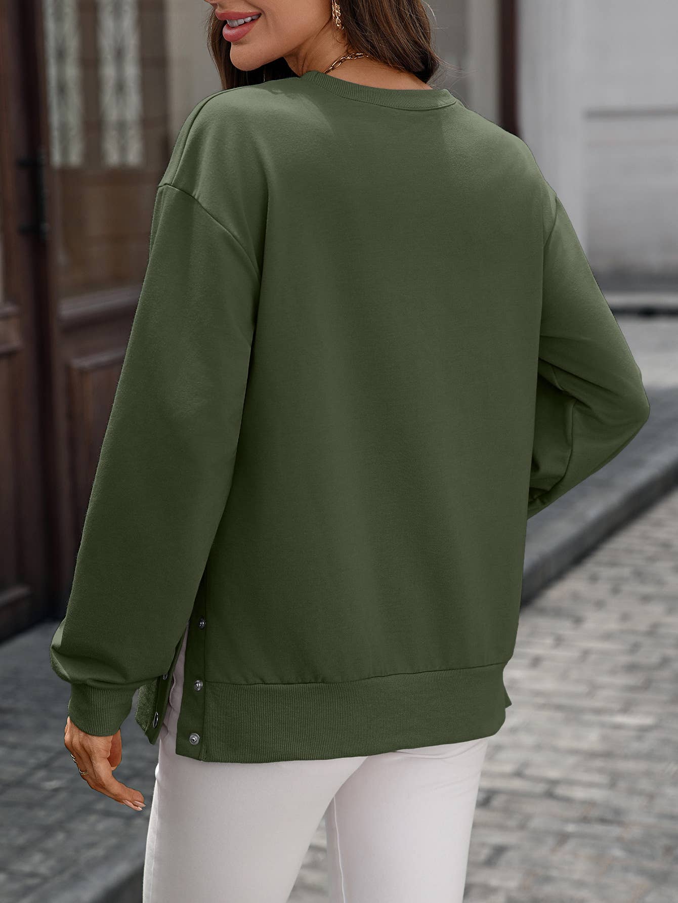 Side Button Crew Neck Sweatshirt