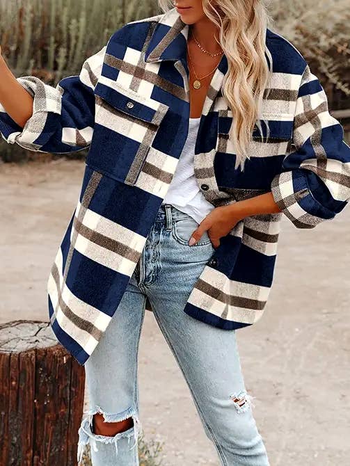 Navy Camel Plaid Button Flannel Shacket