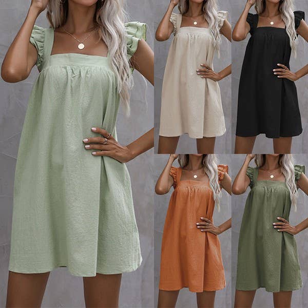 SHORT LACED SLEEVE SQUARE NECK CASUAL SHORT DRESS