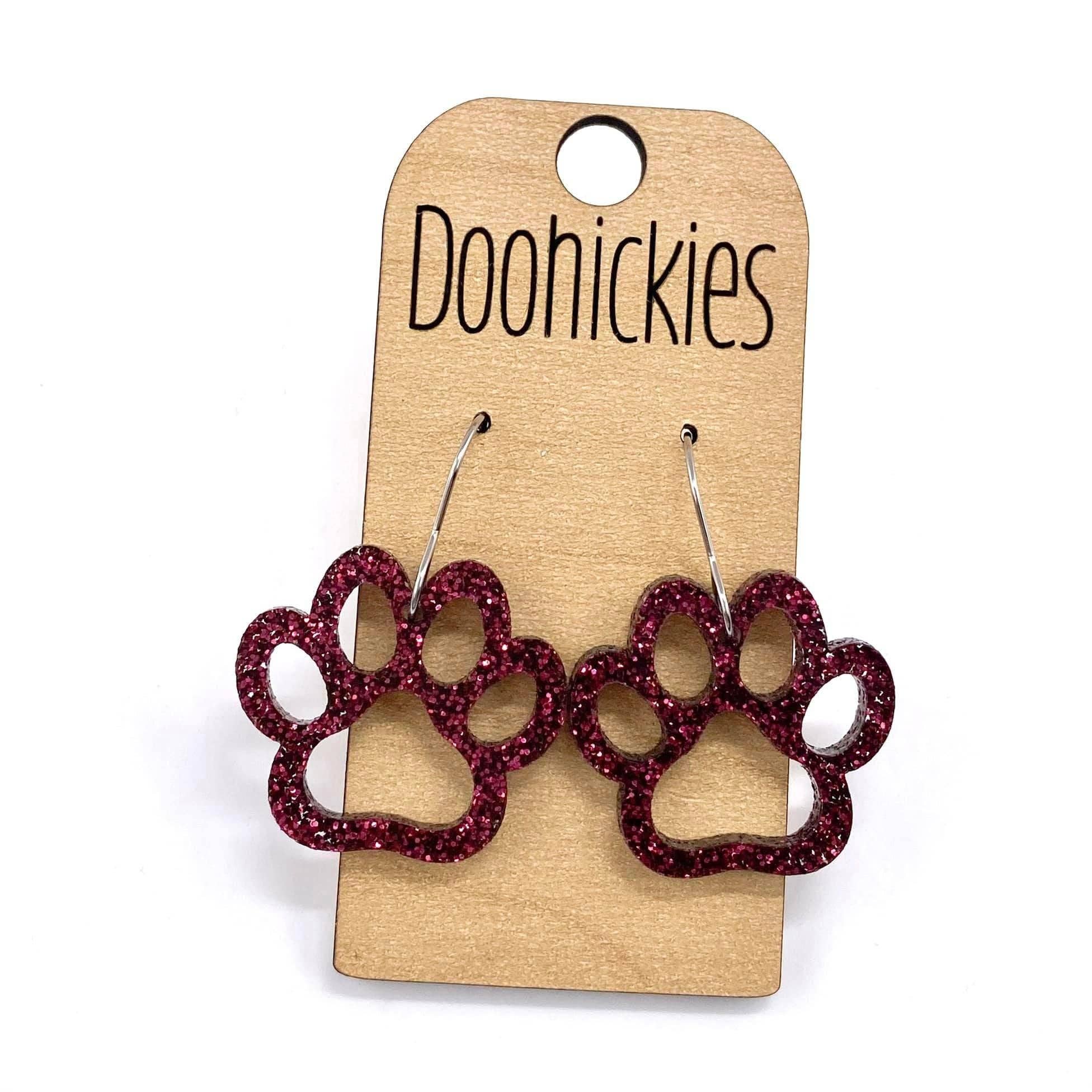 1" Glitter School Spirit Paw Dangles - Custom Spirit Earrings -Burgandy