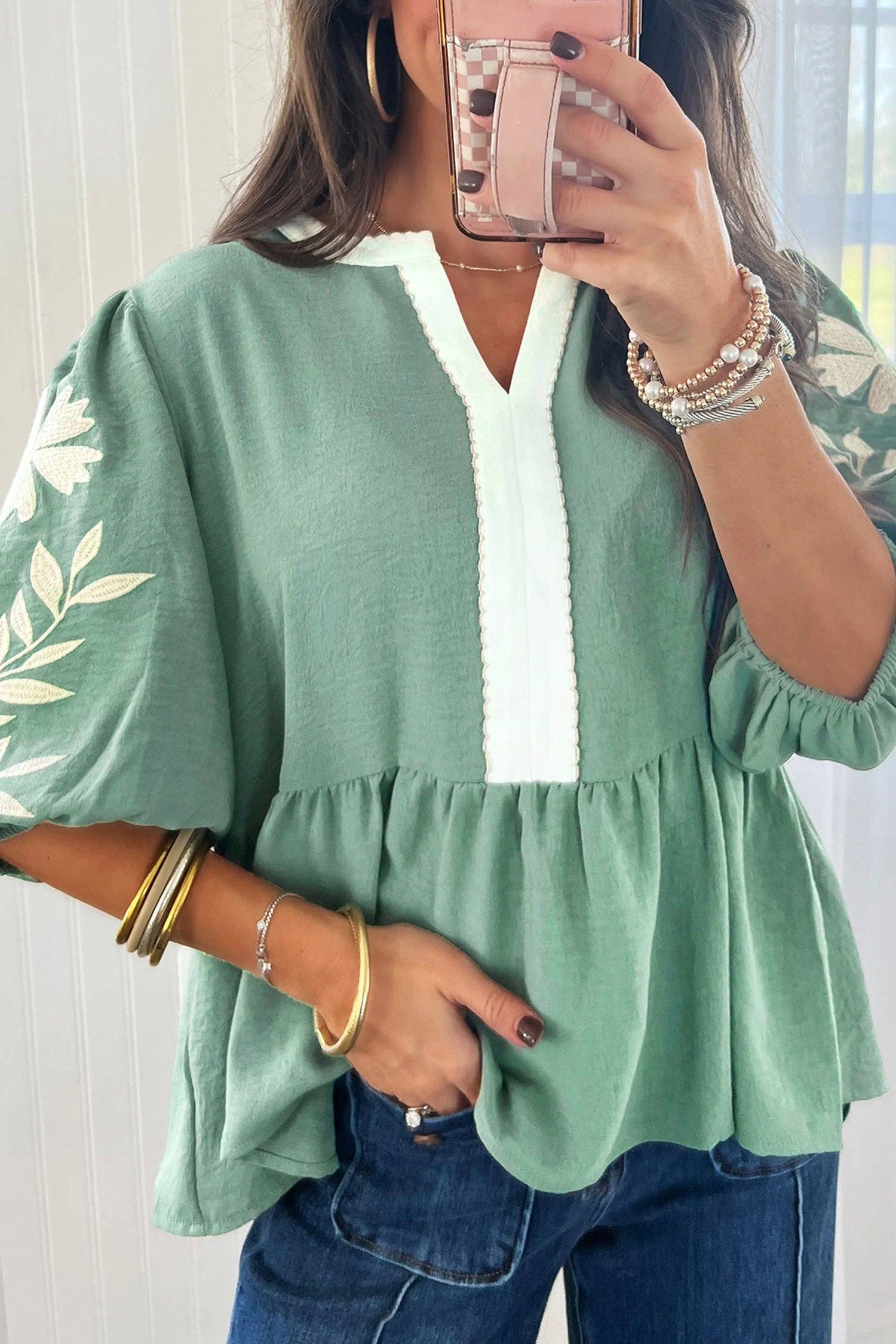 Smoke Green Embroidered Babydoll Blouse