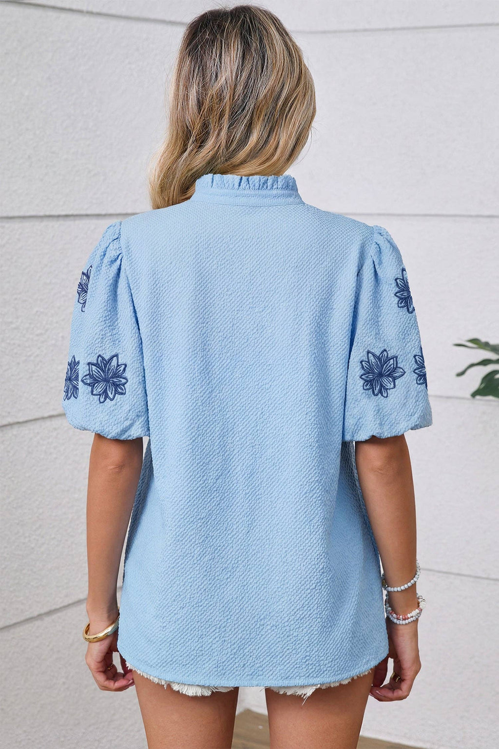 Beau Blue Floral Embroidered Puff Sleeve Blouse