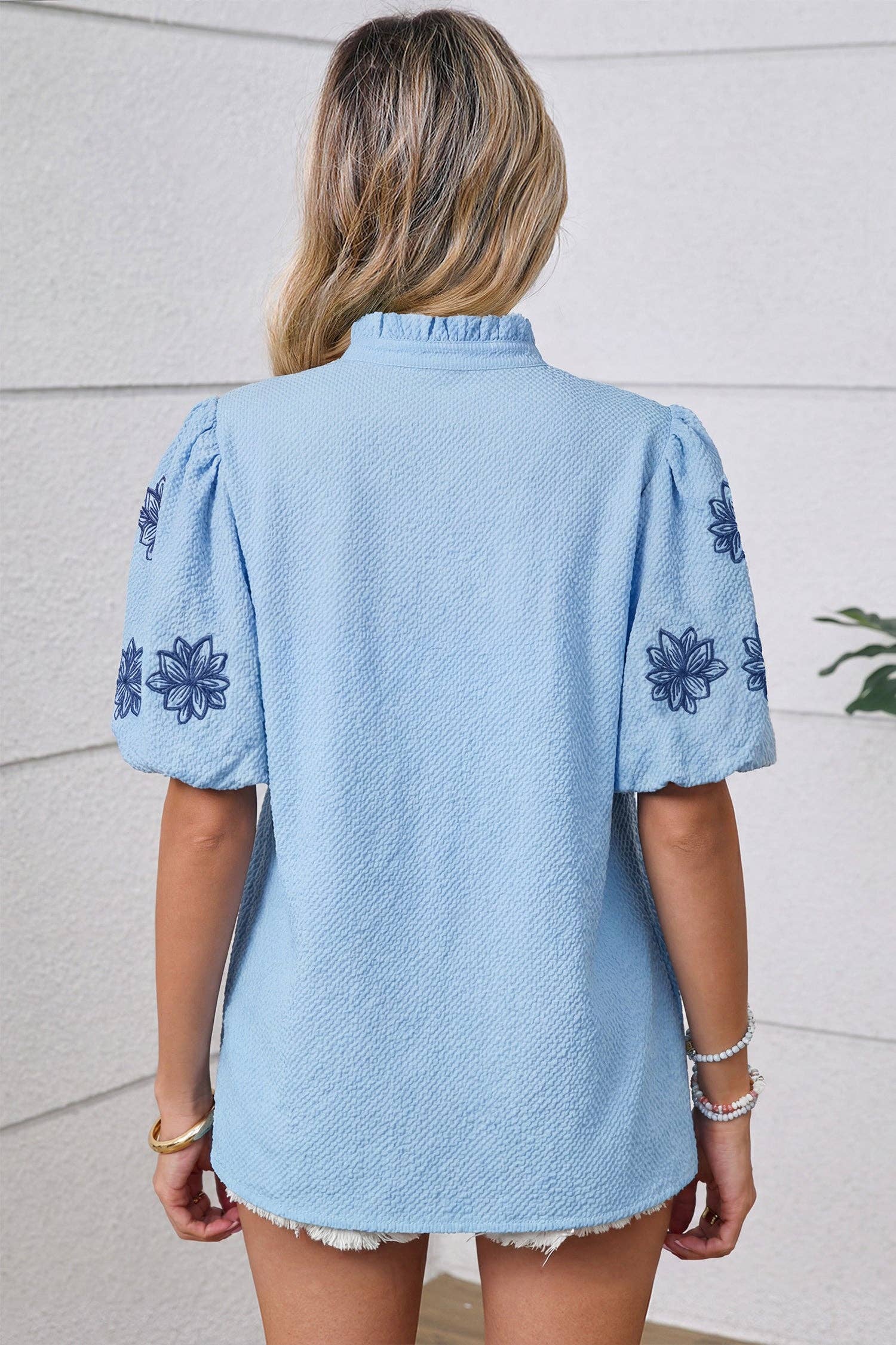 Beau Blue Floral Embroidered Puff Sleeve Blouse
