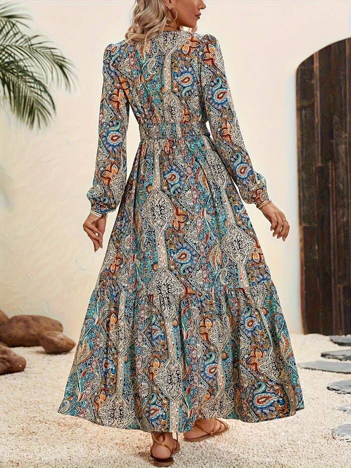 Boho Print Tie-Up Long-Sleeved Dress