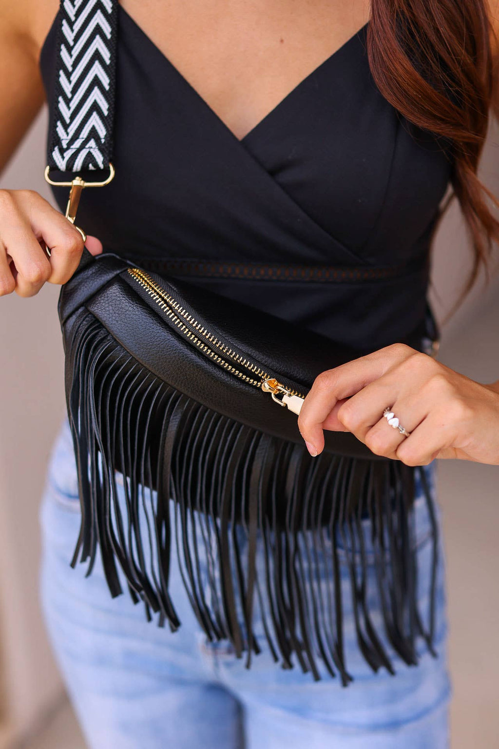 The Black Valentina - Removable Fringe Crossbody Sling Bag