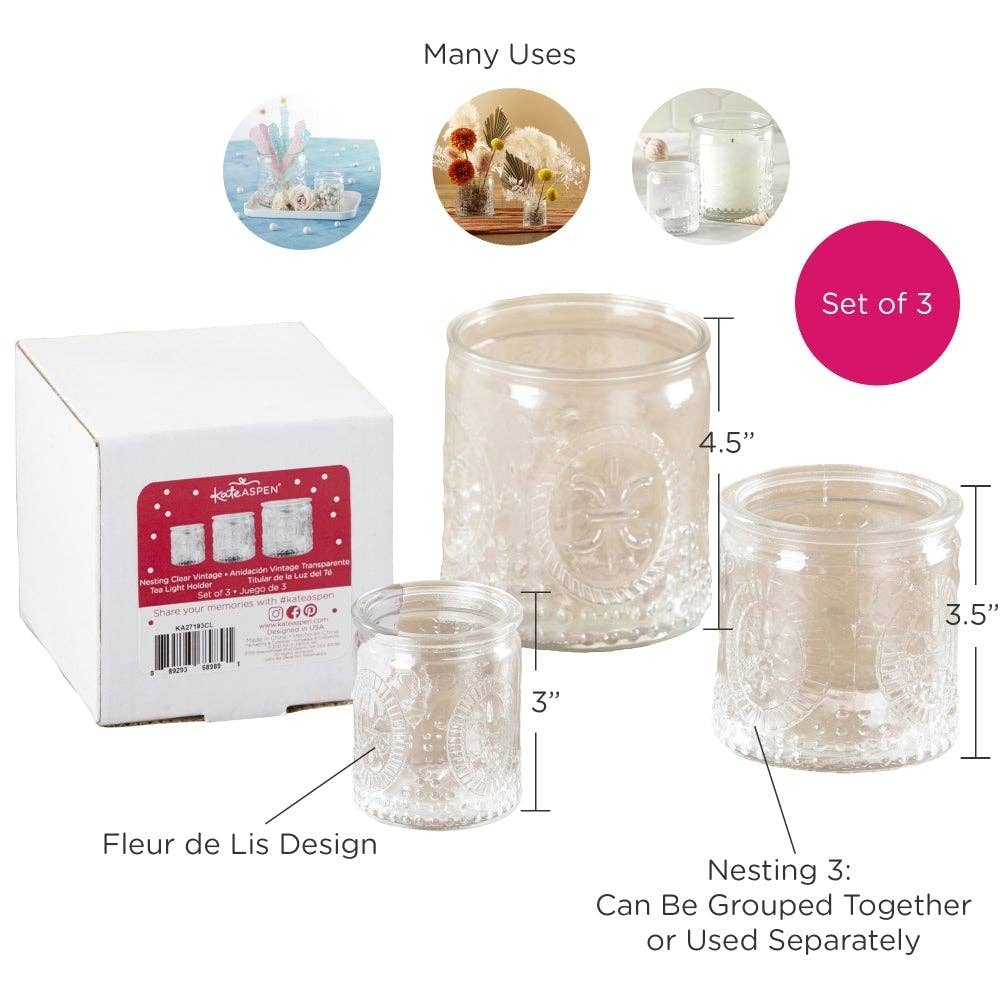 Kate Aspen Nesting Vintage Clear Glass Tea Light Holder (Set of 3)