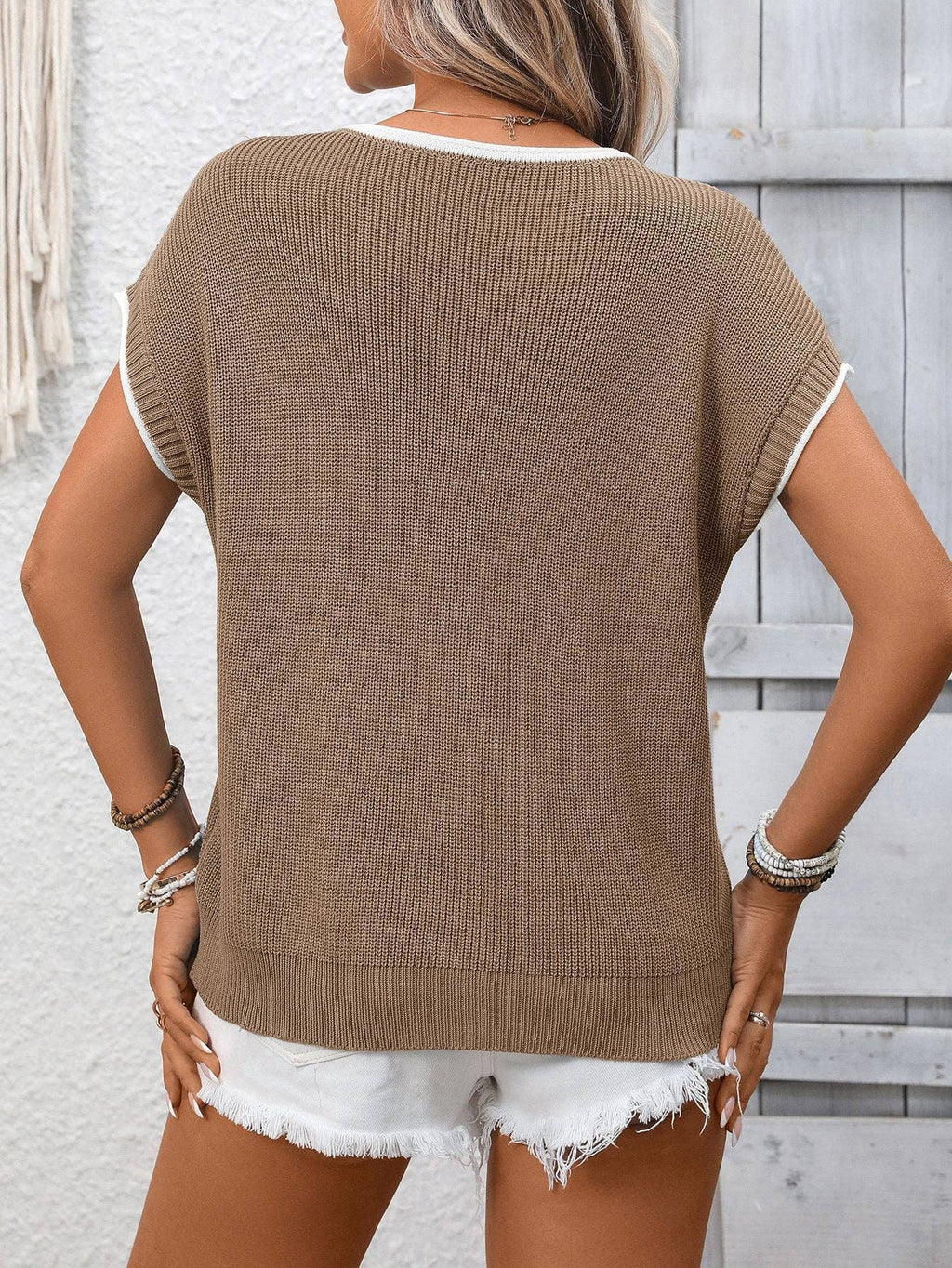 Contrast Trim Round Neck Short Sleeve Knit Casual Top