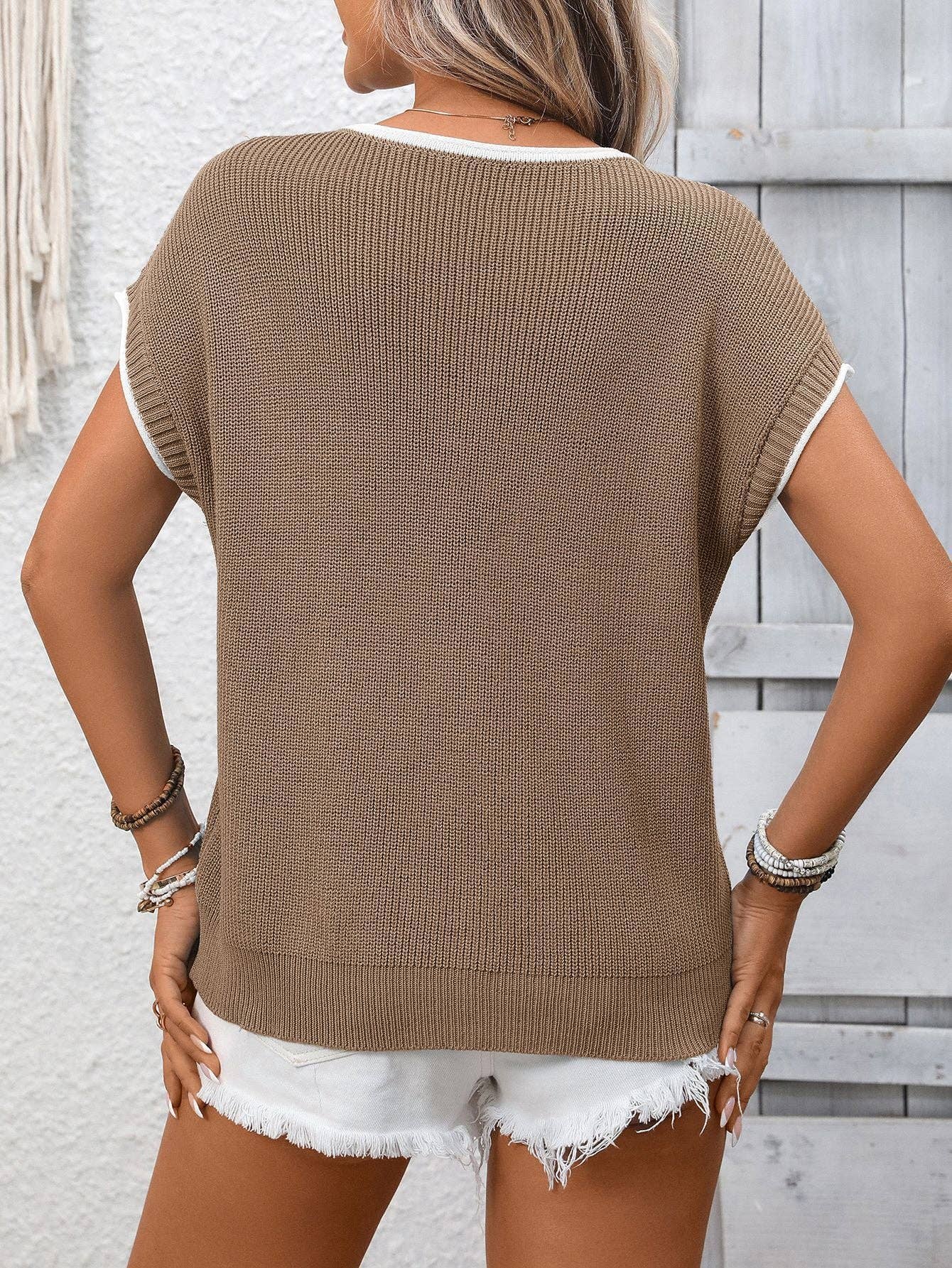 Contrast Trim Round Neck Short Sleeve Knit Casual Top