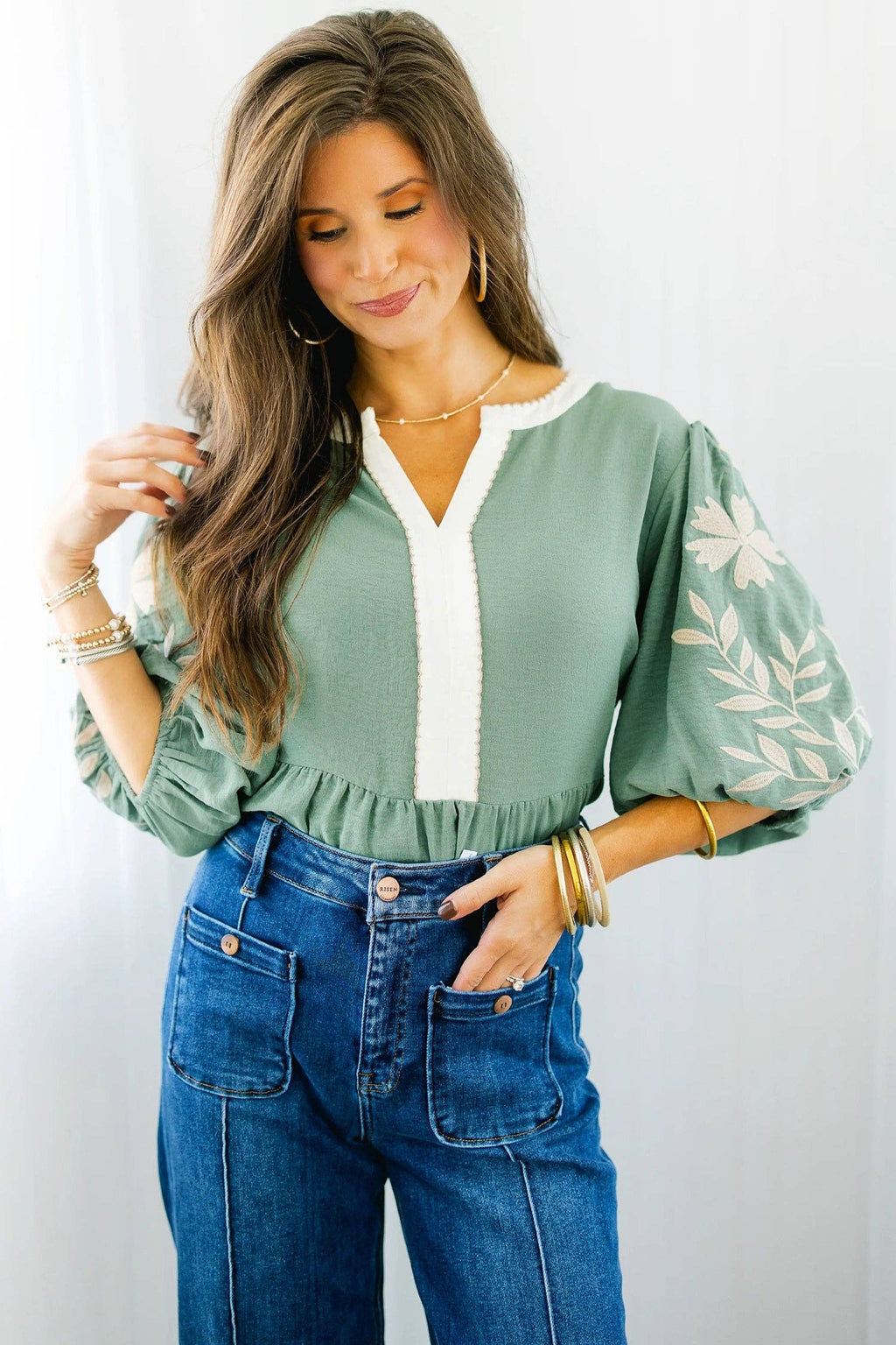 Smoke Green Embroidered Babydoll Blouse