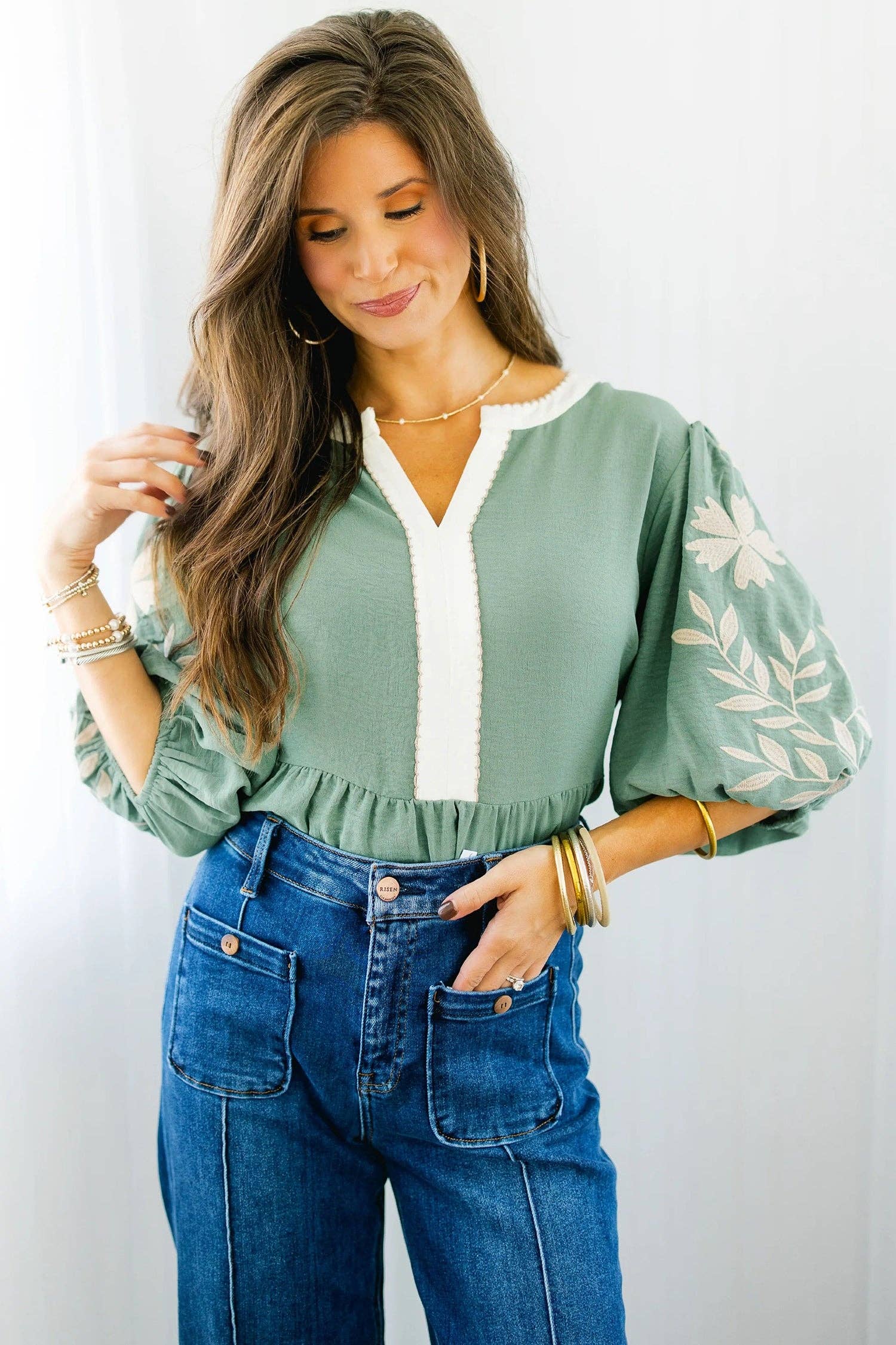 Smoke Green Embroidered Babydoll Blouse