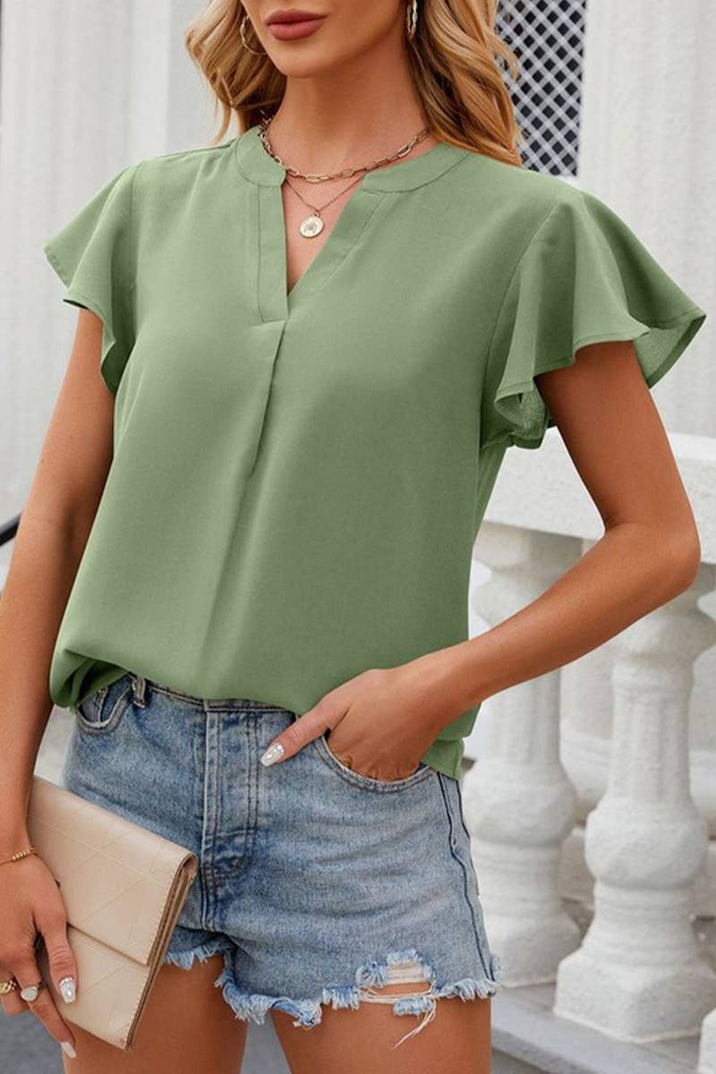 SOLID COLOR V NECK LOOSE SHORT SLEEVE CHIFFON TOP