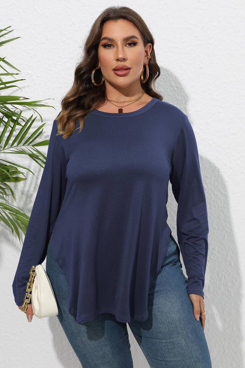 WOMEN PLUS SIZE SIDE SLIT LONG SLEEVE T SHIRT- FINAL SALE 50% OFF