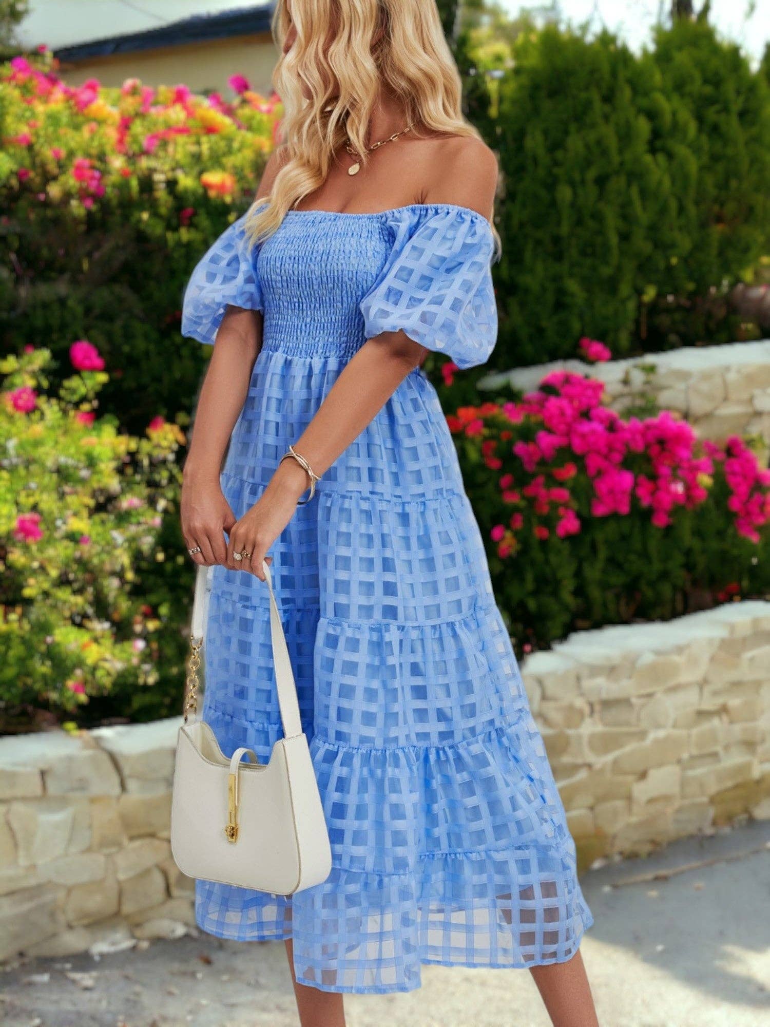 Off Shoulder Puffed Sleeve Checkered Dress