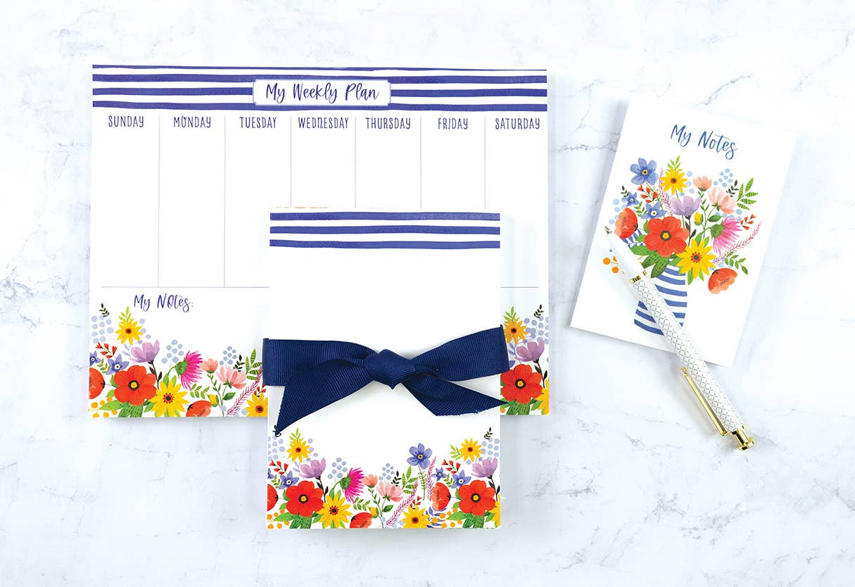 Chunky Bow Notepad - Blue Stripe Flowers