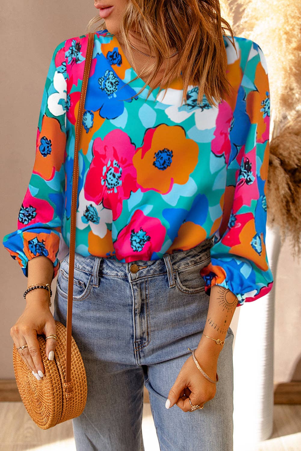 Multicolor Floral Print V Neck 3/4 Sleeve Blouse - FINAL SALE 50% OFF