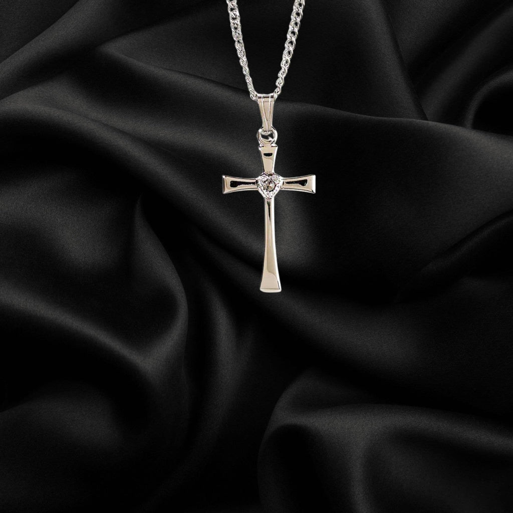 Silver Plated Cross With Heart Shaped CZ Necklace