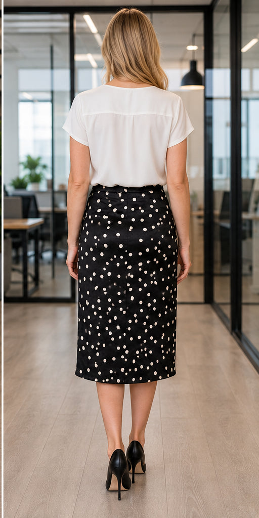 Polka Dot Print Satin Midi Skirt - Black/White