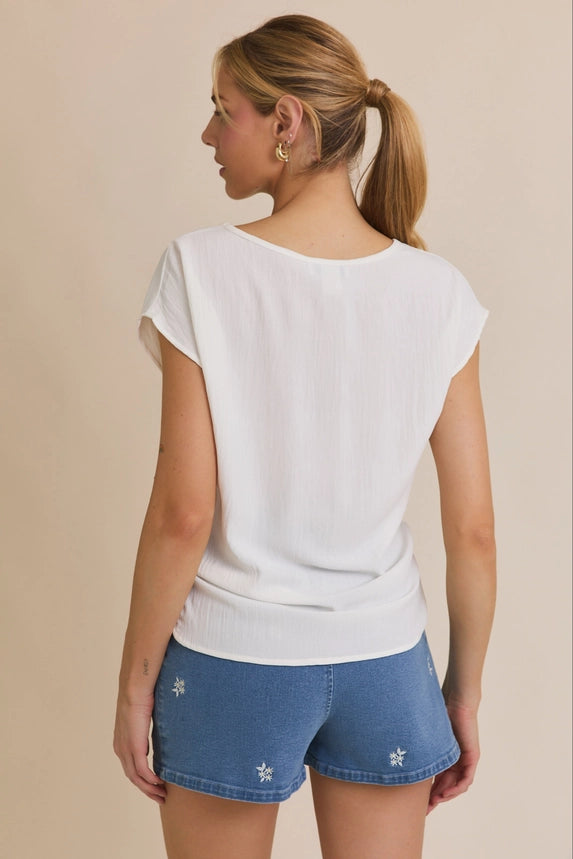 Solid Woven Tee with Front Knot Detail